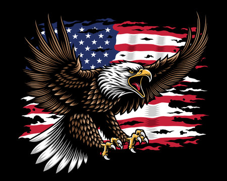 American Bald Eagle Swooping down With Tattered American Flagのイラスト素材