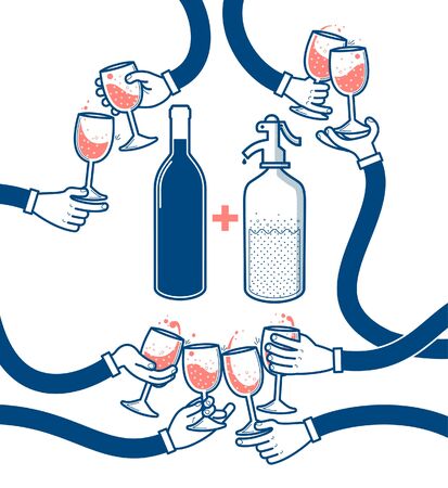 Flat vector illustration of drinking wine and soda, cheers, clinking glasses, partyのイラスト素材