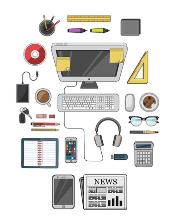 Digitally generated Desk with computer and other accessories vectorのイラスト素材