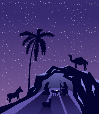 Digitally generated Nativity scene vector under starry skyのイラスト素材