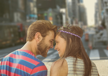 Digital composite of loving couple on graphic backgroundの写真素材