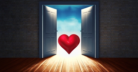 Digitally generated image of open door to sky with red heart shapeの写真素材