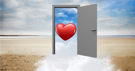 Digitally generated image of open door to sea with red heart shapeの写真素材