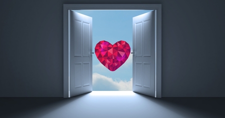 Digitally generated image of open door to sky with heart shapeの写真素材