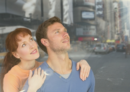 Digital composite of loving couple on graphic backgroundの写真素材