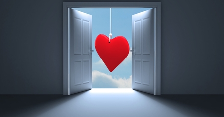 Digitally generated image of open door with red heart shapeの写真素材