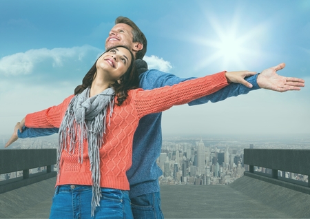 Digital composite of loving couple on graphic backgroundの写真素材