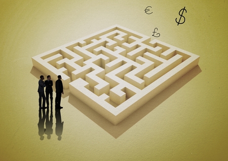 Composite image of businessmen with yellow maze and money symbolsの写真素材