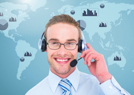 Portrait of smiling businessman against digitally generated backgroundの写真素材