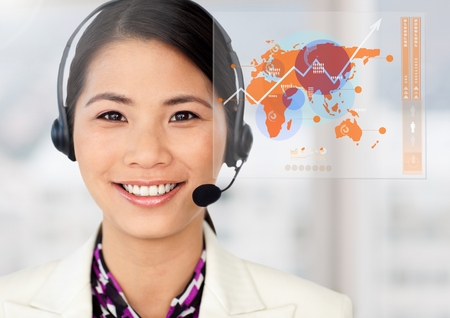 Portrait of customer service  executive against digital interface at officeの写真素材