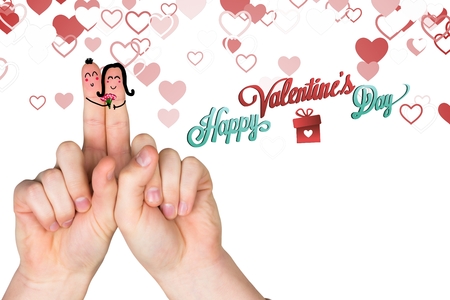 Smiling finger couple, valentine day message and red hearts against white backgroundの写真素材