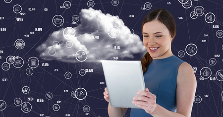 Smiling woman using tablet against digitally generated connecting icons