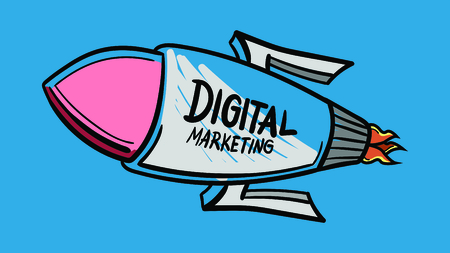 Vector icon of rocket with digital marketing in text against blue backgroundのイラスト素材