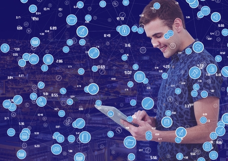 Digital composite of Man on tablet against Night city with connectors