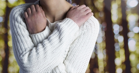 Digital composite of Sad woman grief against forestの写真素材