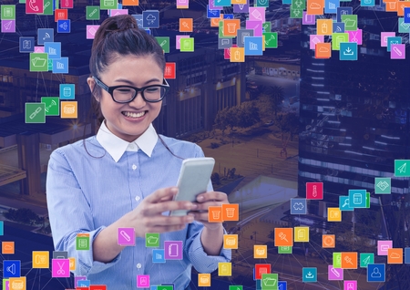 Digital composite of Woman with phone against Night city with connectors
