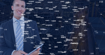 Digital composite of Businessman with tablet against Night city with connectorsの写真素材