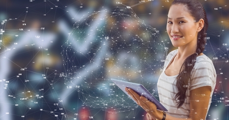 Digital composite of Woman with tablet against Night city with connectors