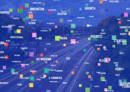 Digital composite of Night city with connectorsの写真素材