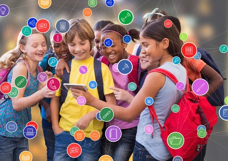 Digital composite of Children with phone against blur background with connectorsの写真素材