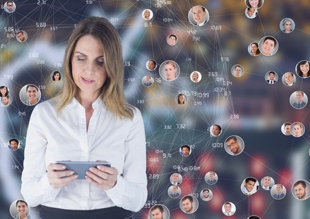 Digital composite of WOman on phone against Night city with connectors