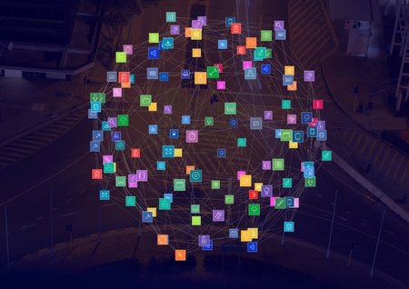 Digital composite of Night city with connectorsの写真素材