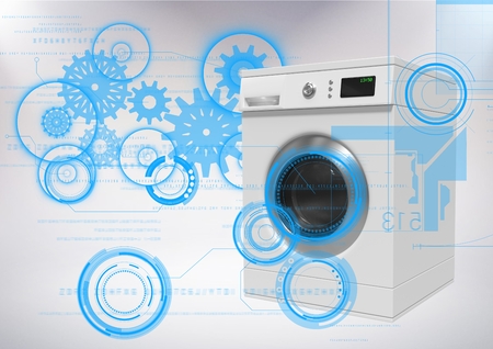 Digital composite of Washing machine against grey background with technology interfaceの写真素材
