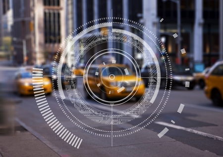 Digital composite of White circular interface and flare against street with cabs