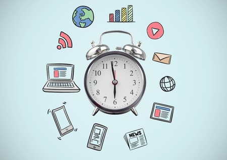 Digital composite of 3D Clock with blue background and business graphic drawings