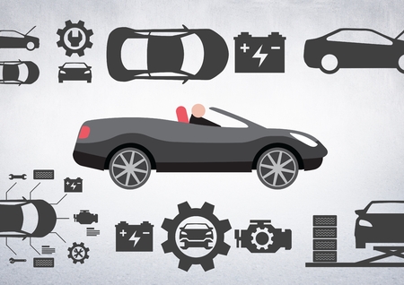 Digital composite of Man in car illustration against white background with car mechanic iconsの写真素材