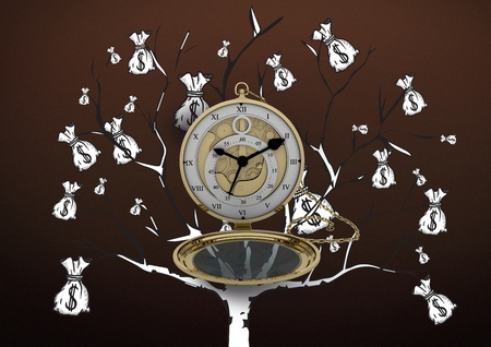 Digital composite of Pocket watch against Money tree on brown backgroundの写真素材