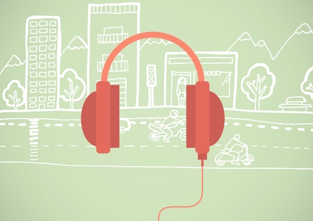 Digital composite of Red headphone illustration icon in cirlce against green background with street drawingの写真素材