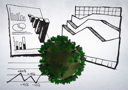 Digital composite of Green planet ball with statistics drawingsの写真素材