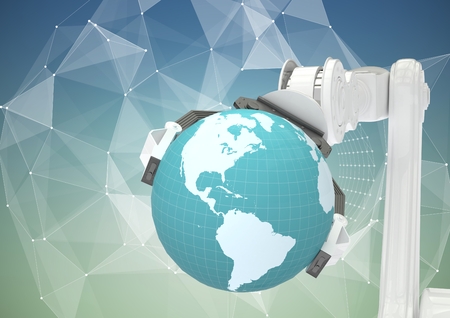 Digital composite of White claw holding globe against white vector mesh and blue green backgroundの写真素材