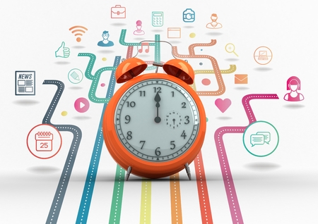 Digital composite of Clock with Social Media icons connecting against white backgroundの写真素材