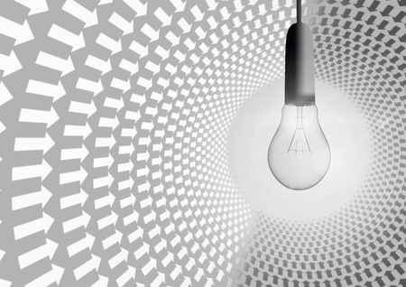 Digital composite of 3D bulb in front of grey spiral of arrowsの写真素材