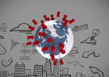 Digital composite of World with business drawings against blue backgroundの写真素材