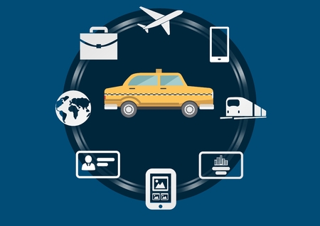 Digital composite of Taxi illustration icon in circle against blue background with travel and technology business iconsの写真素材