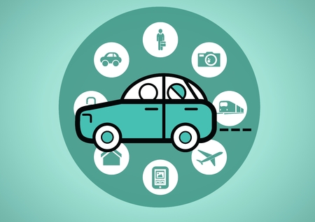 Digital composite of car illustration icon in circle against green background with travel iconsの写真素材