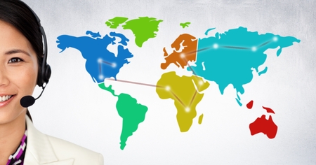 Digital composite of Close up of travel agent with headset against map with lights and white wallの写真素材