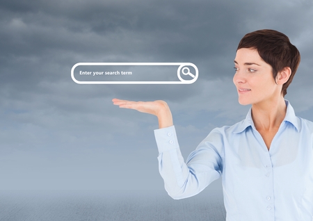 Digital composite of Woman with open palm hand under search boxの写真素材