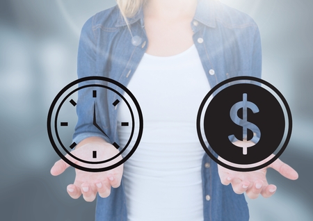 Digital composite of Womans open palm hands holding time and money dollar iconsの写真素材