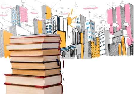 Digital composite of Books stacked by fun buildings drawingsの写真素材