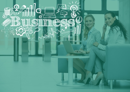 Digital composite of Business women sitting down with green overlay and white business doodlesの写真素材