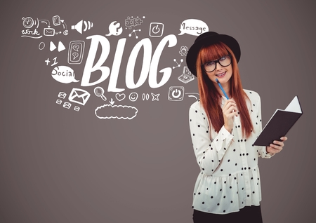 Digital composite of Woman with notepad and blog graphic icon drawingsの写真素材