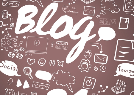 Digital composite of Man with Blog graphic drawingsの写真素材