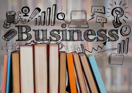 Digital composite of Standing books with black business doodles against blurry bookshelfの写真素材