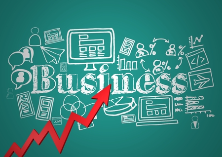 Digital composite of Red arrow with white business doodles against teal backgroundの写真素材