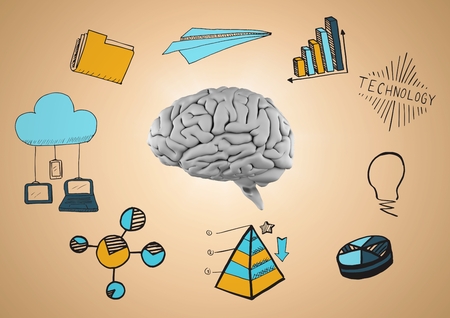 Digital composite of Grey brain against blue and yellow business doodles and orange backgroundの写真素材