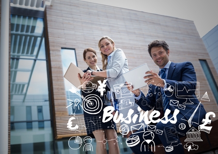 Digital composite of Business people smiling and using devices with white business doodlesの写真素材